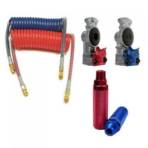 15ft Red & Blue Coiled Air Hose Kit w/ Glad Hands & Aluminum Handles